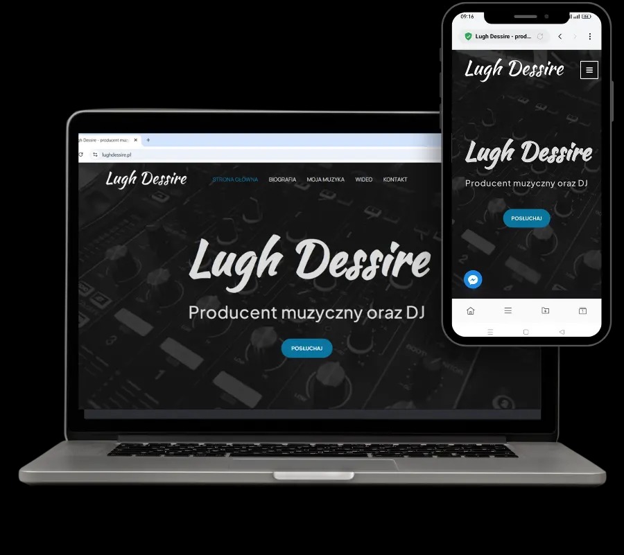 Responsywna strona Lugh Dessire na laptopie i smartfonie. Ciemna kolorystyka, mikser w tle, przycisk 'Posłuchaj'. Prezentacja projektu strony internetowej.