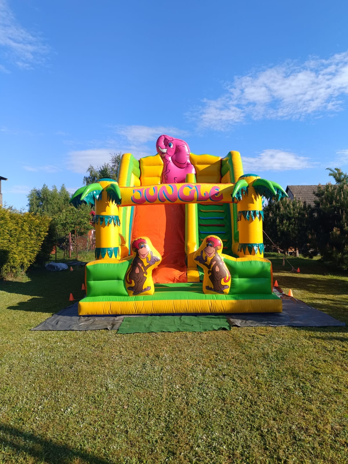 Kolorowa, dmuchana zjeżdżalnia w motywie dżungli z różowym słoniem na szczycie, ustawiona na trawniku w słoneczny dzień. Widoczne drzewa w tle.