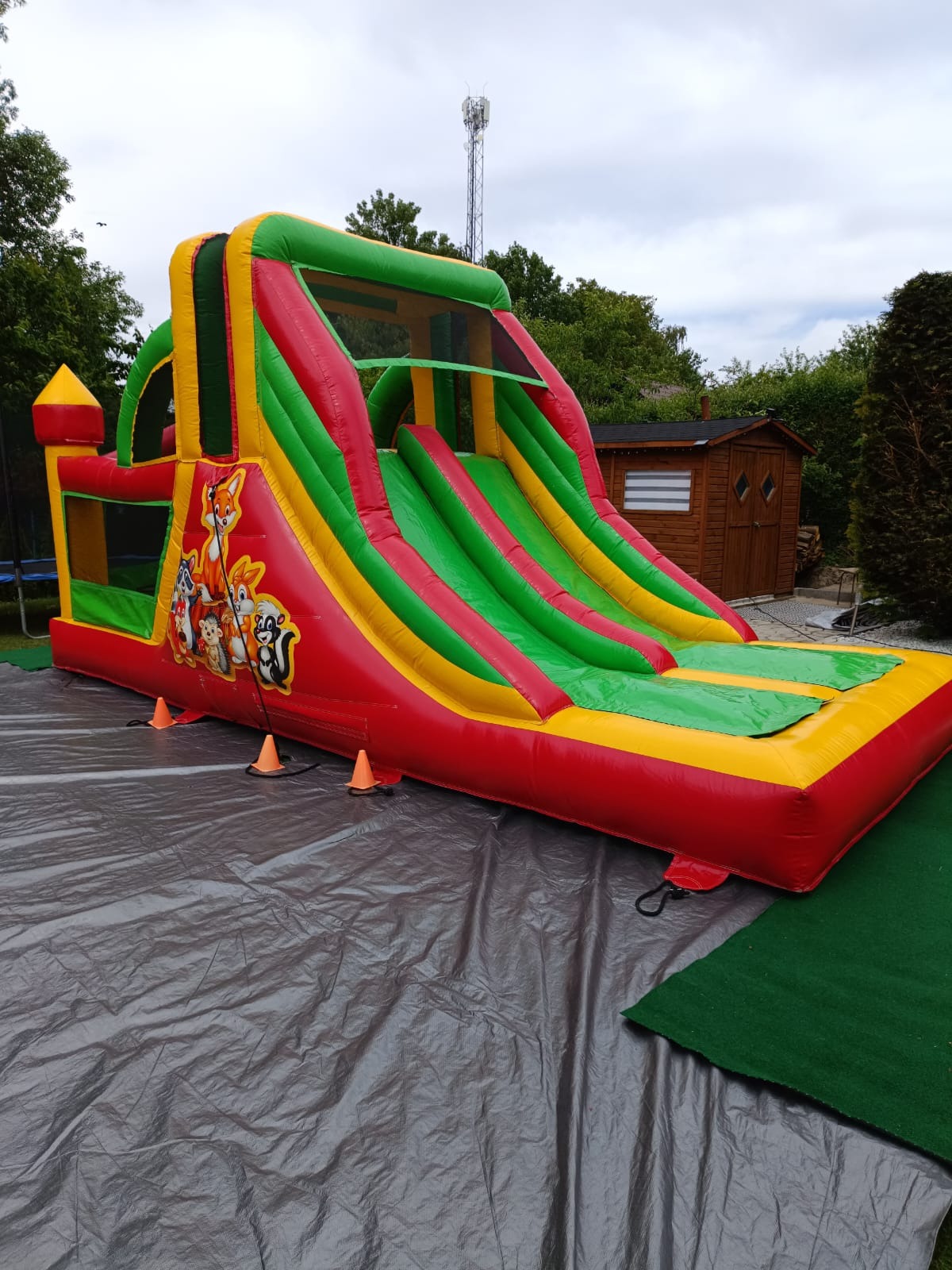 Kolorowa, nadmuchiwana zjeżdżalnia z motywem zwierząt, ustawiona na szarej plandece i zielonym dywanie, z domkiem i drzewami w tle. Widoczna wieża telekomunikacyjna.