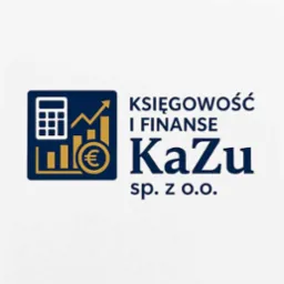 Logo firmy KaZu sp. z o.o. z motywem kalkulatora, wykresu wzrostu i waluty euro, w kolorystyce granatowo-złotej, z napisem 'Księgowość i Finanse'.