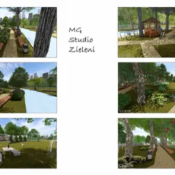 Wizualizacja parku miejskiego z alejkami, ławkami i zielenią. Widoczne drzewa, krzewy, trawniki i elementy małej architektury. Realistyczny render z programu Lumion.