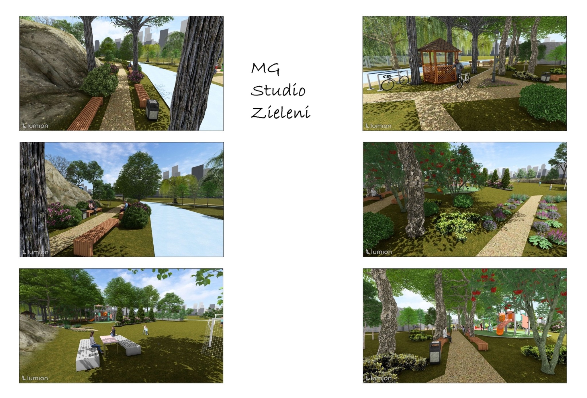 Wizualizacja parku miejskiego z alejkami, ławkami i zielenią. Widoczne drzewa, krzewy, trawniki i elementy małej architektury. Realistyczny render z programu Lumion.