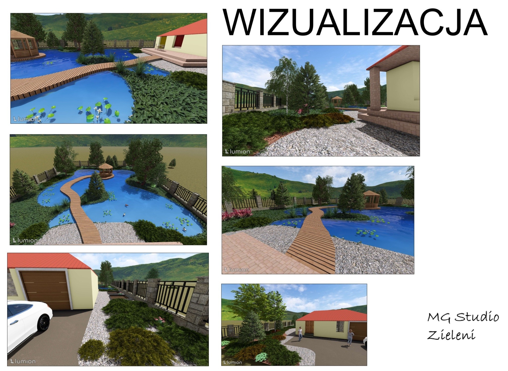 Wizualizacja 3D ogrodu z oczkiem wodnym, drewnianym mostkiem i altaną. Widoczne rośliny, trawnik i budynek w tle. Projekt MG Studio Zieleni.