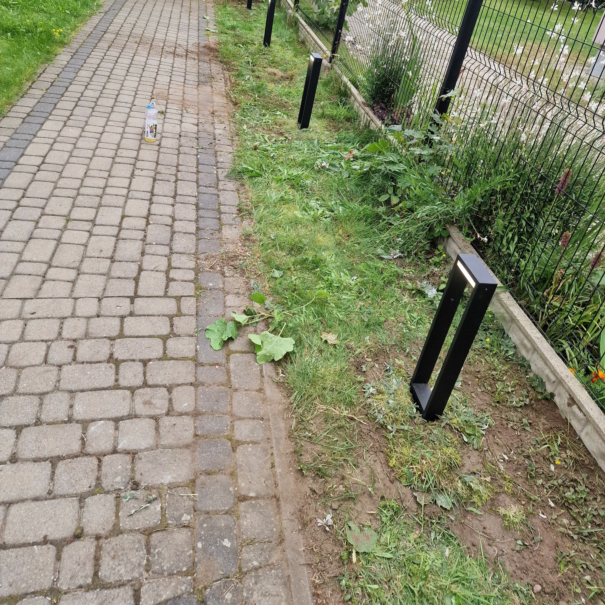 Nowoczesne, czarne lampy ogrodowe LED, ustawione wzdłuż ścieżki z kostki brukowej i ogrodzenia z siatki. Oświetlenie podkreśla estetykę ogrodu.