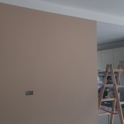 Mykola Iskovych - Ściana w trakcie malowania na beżowo, widoczne gniazdka elektryczne i drabina, podłoga zabezpieczona folią malarską. W tle zabudowa kuchenna.