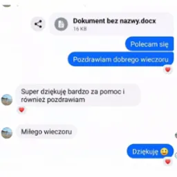Zrzut ekranu konwersacji z podziękowaniami za przesłany dokument. Widoczne wiadomości z pozdrowieniami i plik 'Dokument bez nazwy.docx'.
