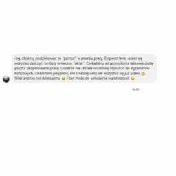 Zrzut ekranu z opinią klienta dziękującego za pomoc w pisaniu pracy, przesłaną 18 czerwca. Tekst zawiera pozytywną recenzję i podziękowania.