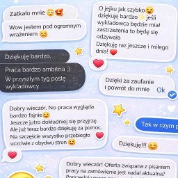 Paniodtekstów - Opinie klientów w formie czatu z emotikonami, potwierdzające wysoką jakość usług pisarskich. Pozytywne recenzje i podziękowania za ambitną pracę.