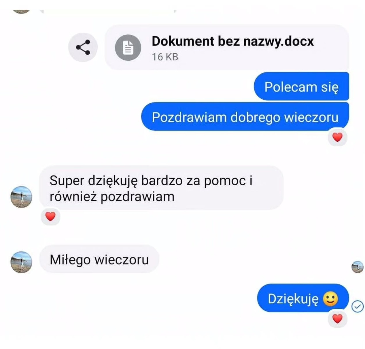 Zrzut ekranu konwersacji z podziękowaniami za przesłany dokument. Widoczne wiadomości z pozdrowieniami i plik 'Dokument bez nazwy.docx'.