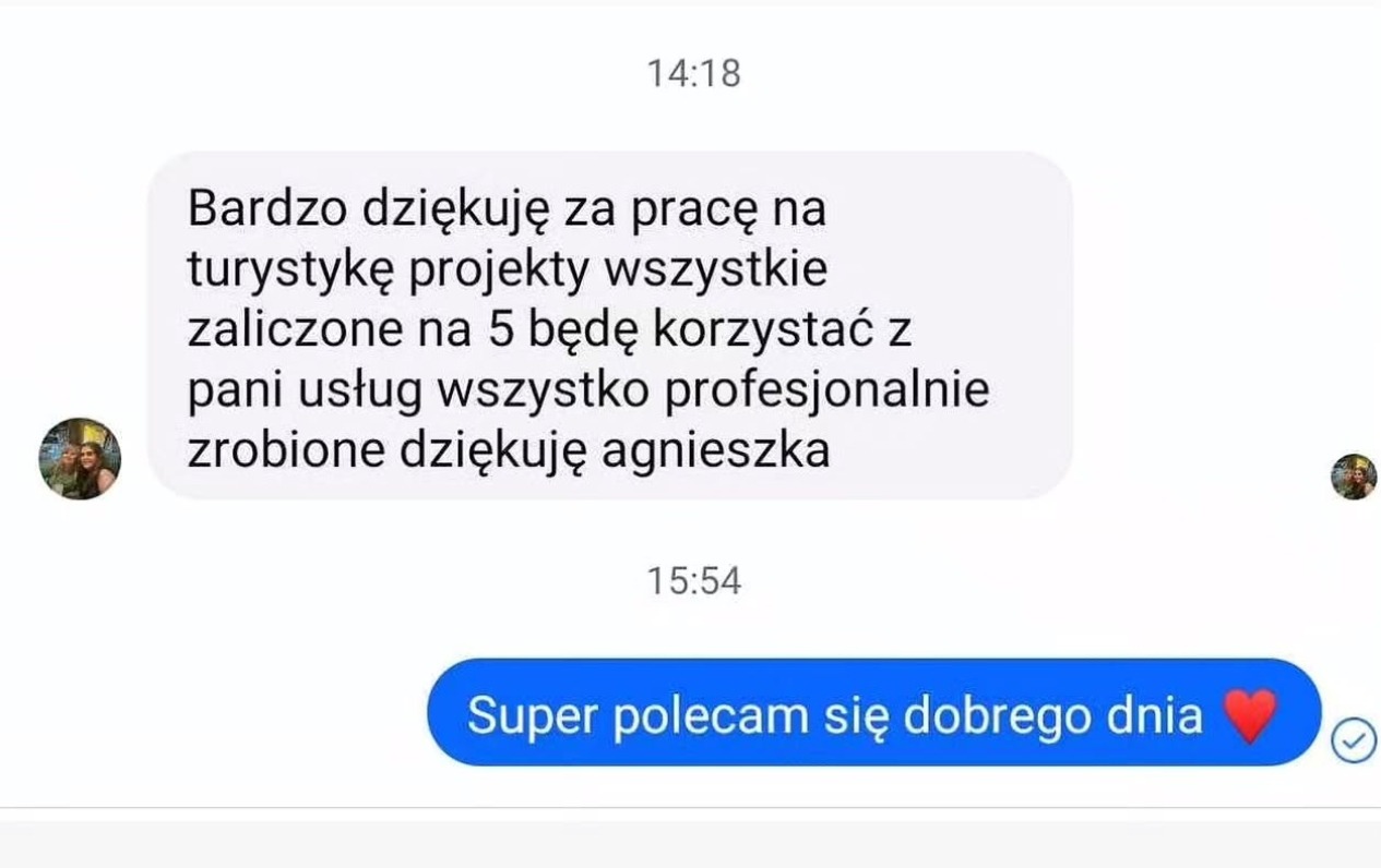 Zrzut ekranu z konwersacji SMS. Klient dziękuje za profesjonalne wykonanie projektów turystycznych i poleca usługi. Widoczne godziny wiadomości i emotikon serca.