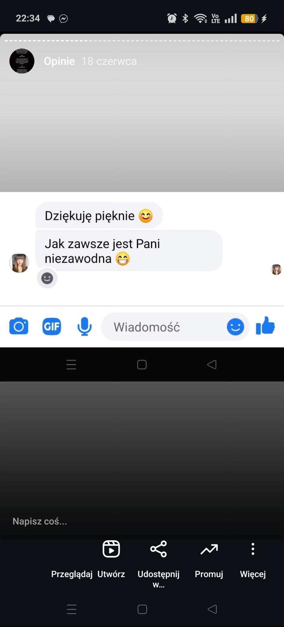 Zrzut ekranu z konwersacji. Klient wyraża zadowolenie z usług: 'Dziękuję pięknie. Jak zawsze jest Pani niezawodna'. Data opinii: 18 czerwca.