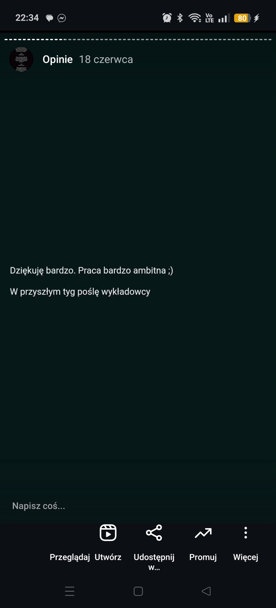 Zrzut ekranu z Instagrama, prezentujący pozytywną opinię klienta z 18 czerwca: 'Dziękuję bardzo. Praca bardzo ambitna ;). W przyszłym tyg poślę wykładowcy'.