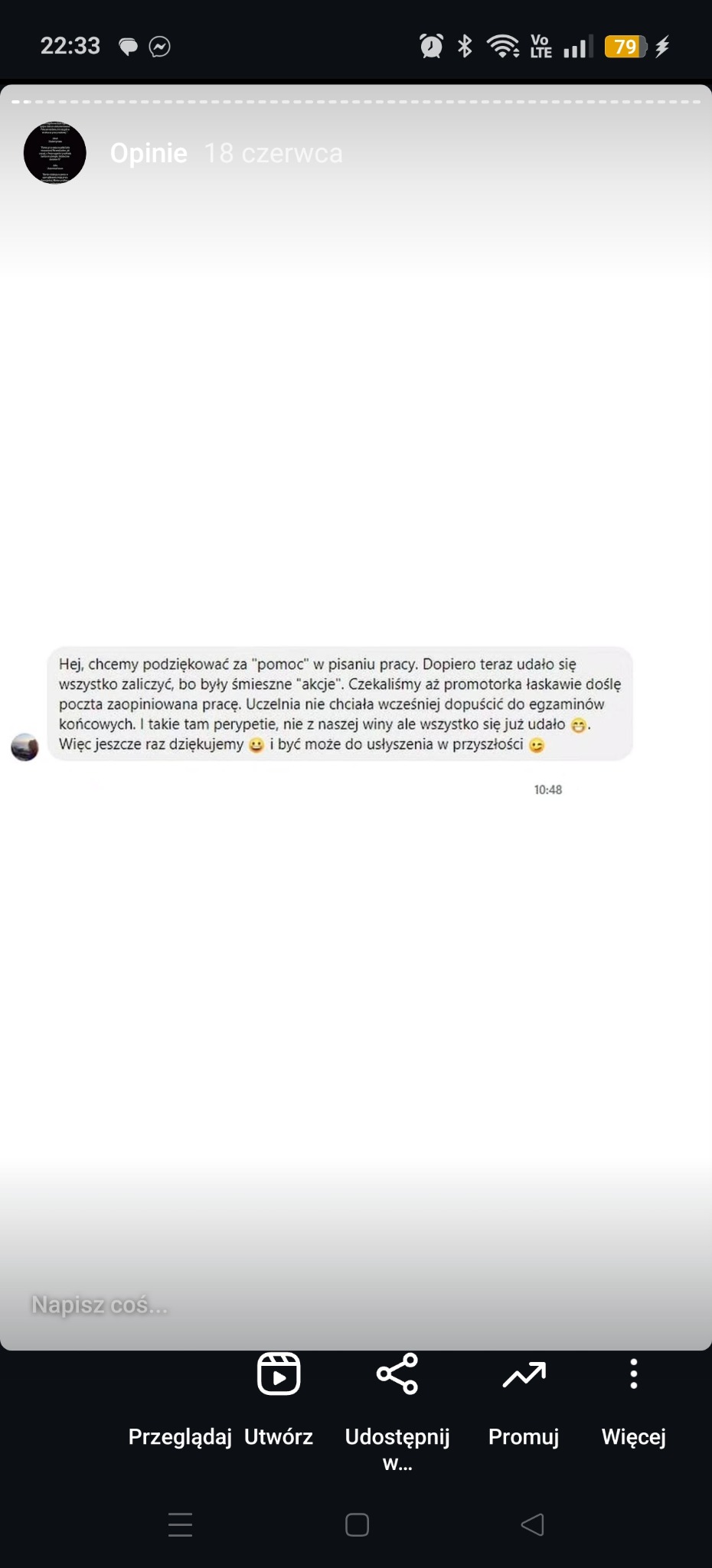 Zrzut ekranu z opinią klienta dziękującego za pomoc w pisaniu pracy, przesłaną 18 czerwca. Tekst zawiera pozytywną recenzję i podziękowania.