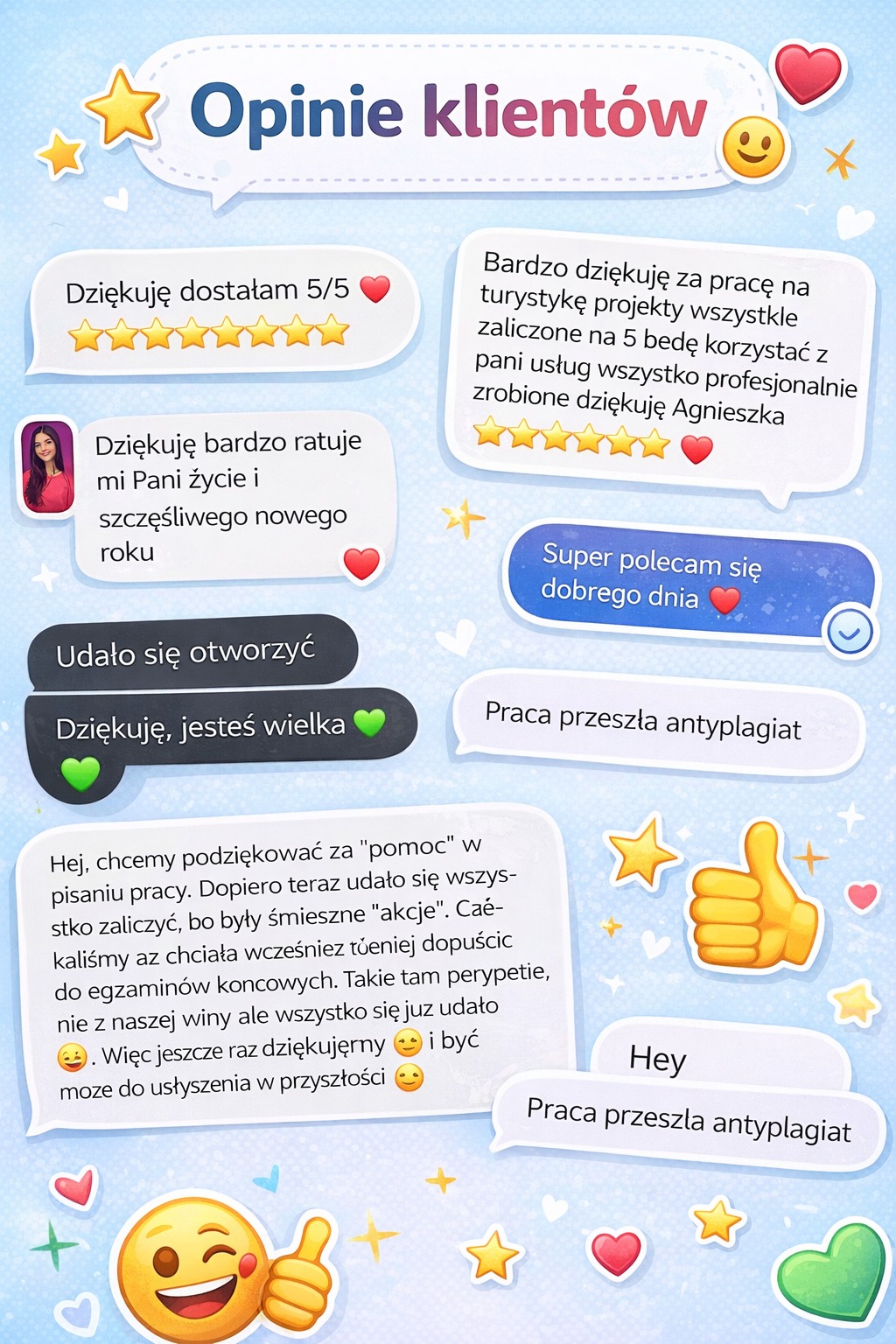 Grafika z pozytywnymi opiniami klientów w dymkach, z gwiazdkami, sercami i emotikonami na jasnoniebieskim tle. Podziękowania za pomoc w pisaniu i profesjonalne usługi.