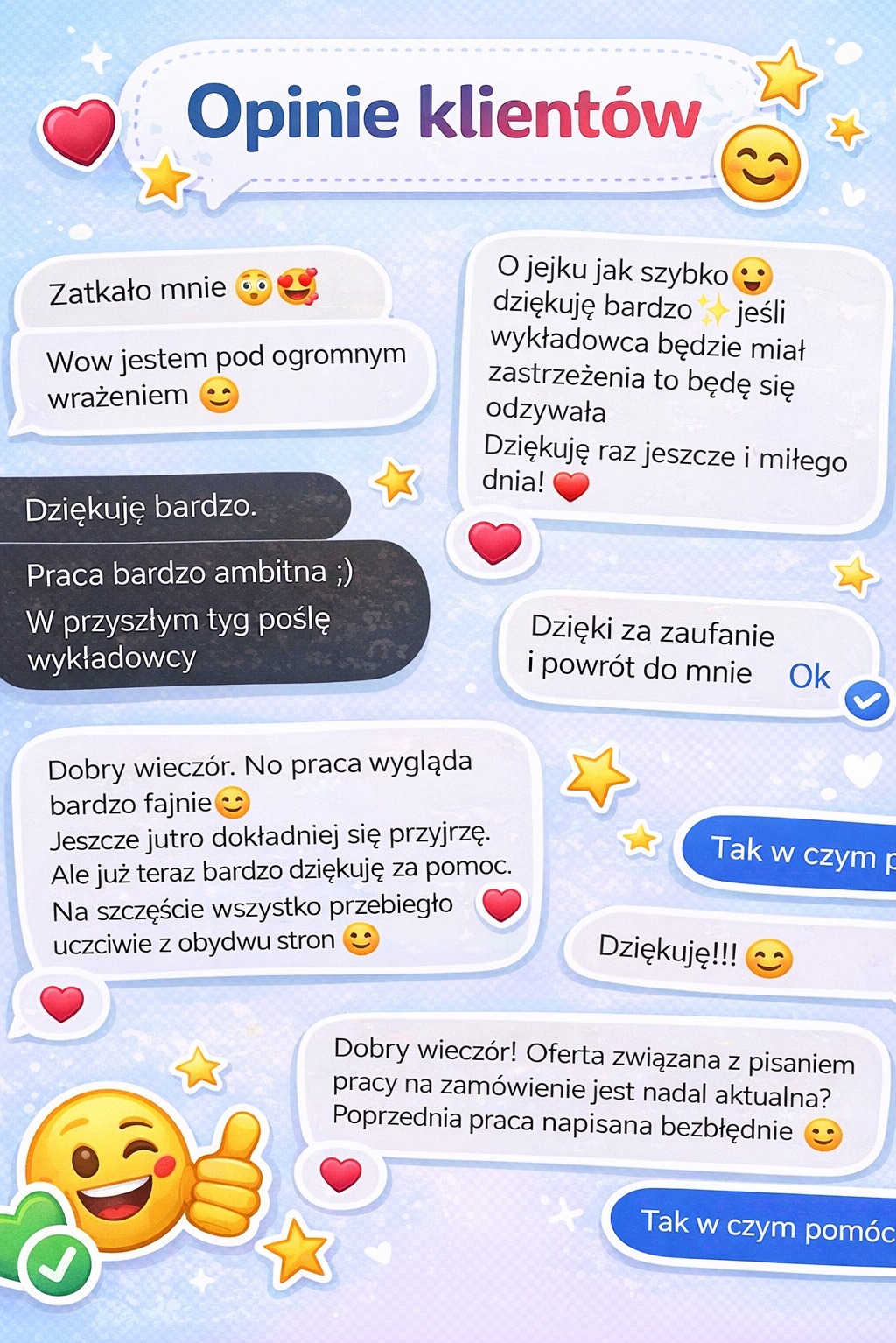Opinie klientów w formie czatu z emotikonami, potwierdzające wysoką jakość usług pisarskich. Pozytywne recenzje i podziękowania za ambitną pracę.