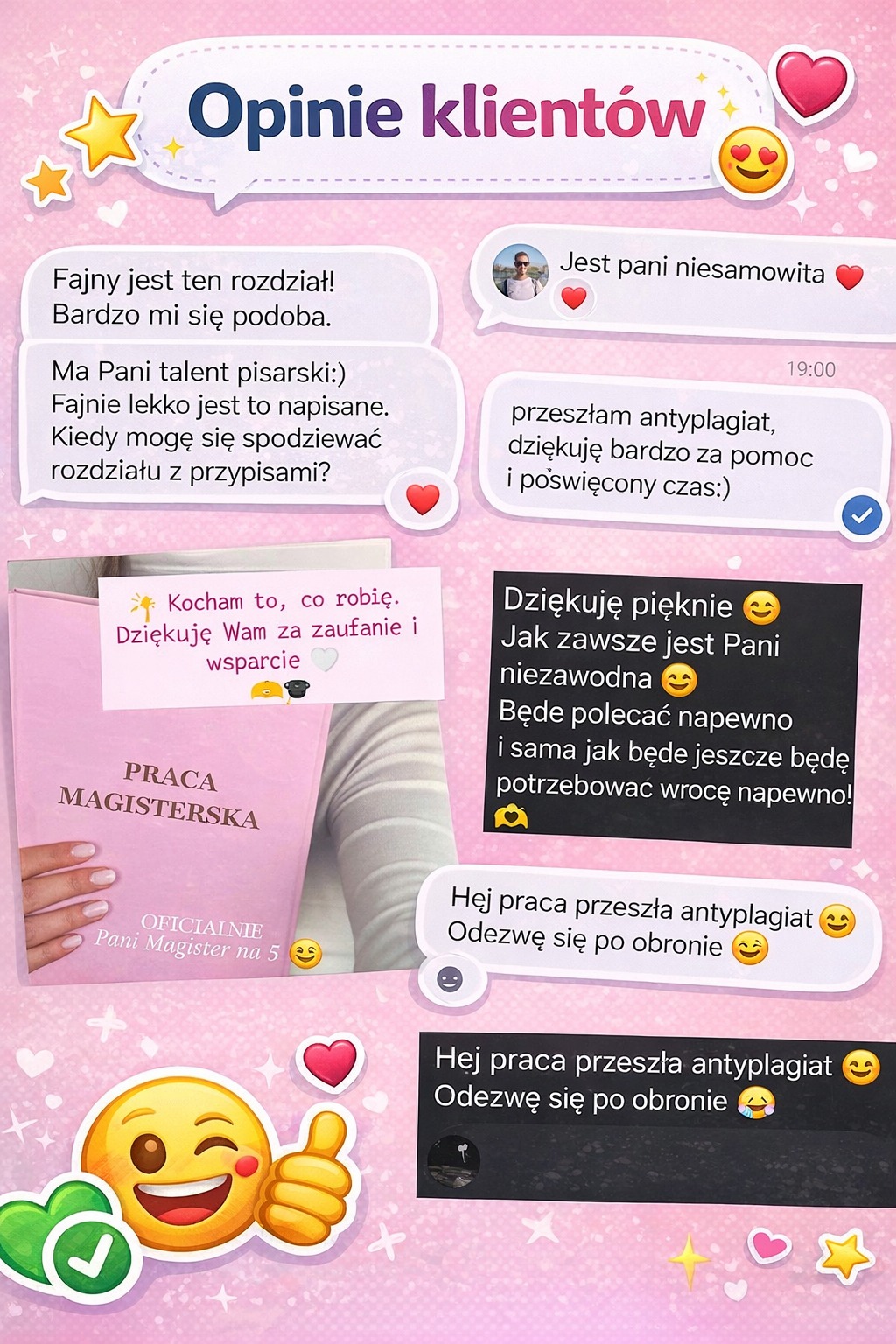 Opinie klientów o pracy magisterskiej: pozytywne recenzje w komunikatorze, zdjęcie okładki pracy, emotikony. Różowe tło z gwiazdkami i sercami.