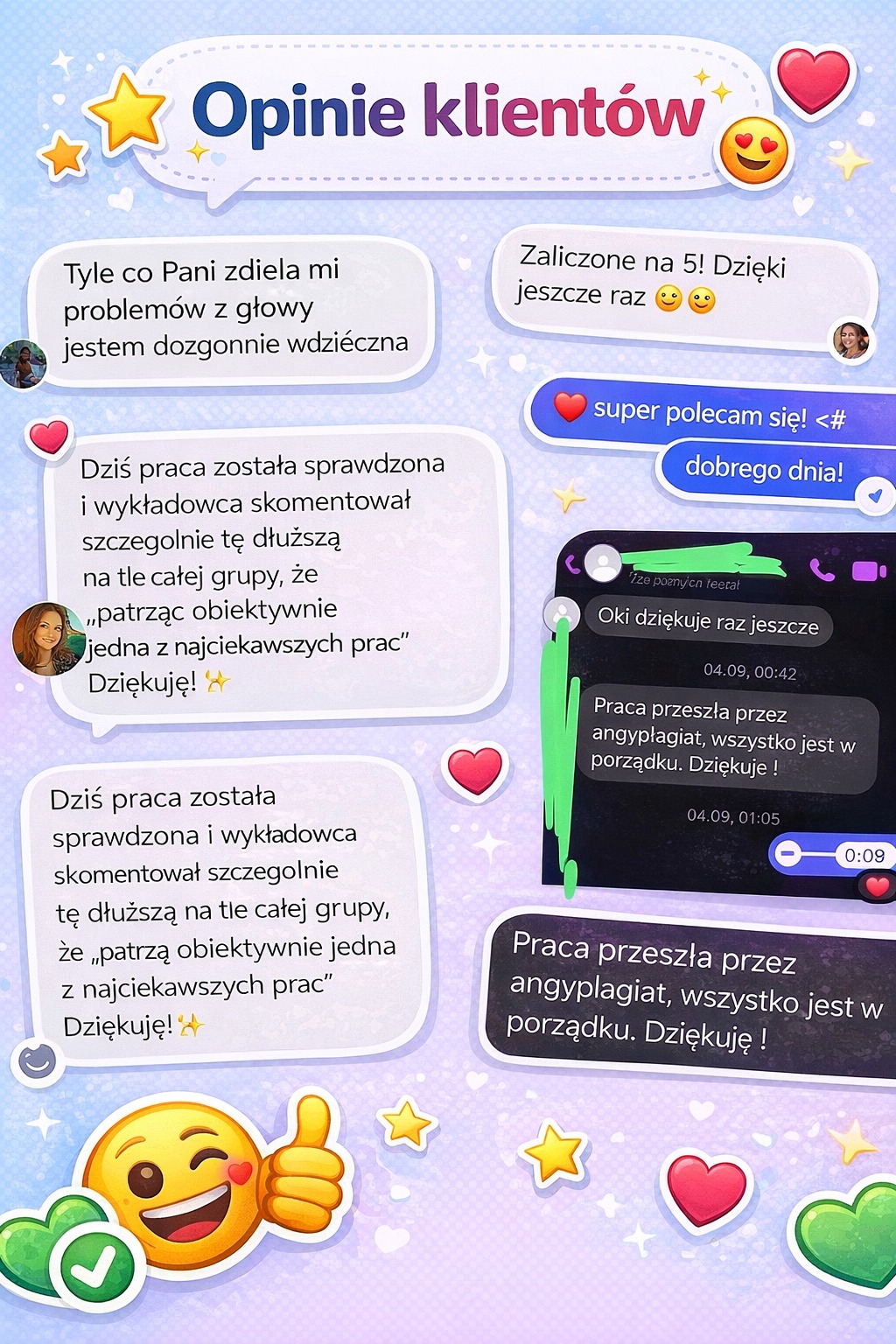 Grafika z pozytywnymi opiniami klientów w formie czatów i emotikonów, podkreślająca zadowolenie z wykonanej pracy. Dominuje fioletowe tło z gwiazdkami i sercami.