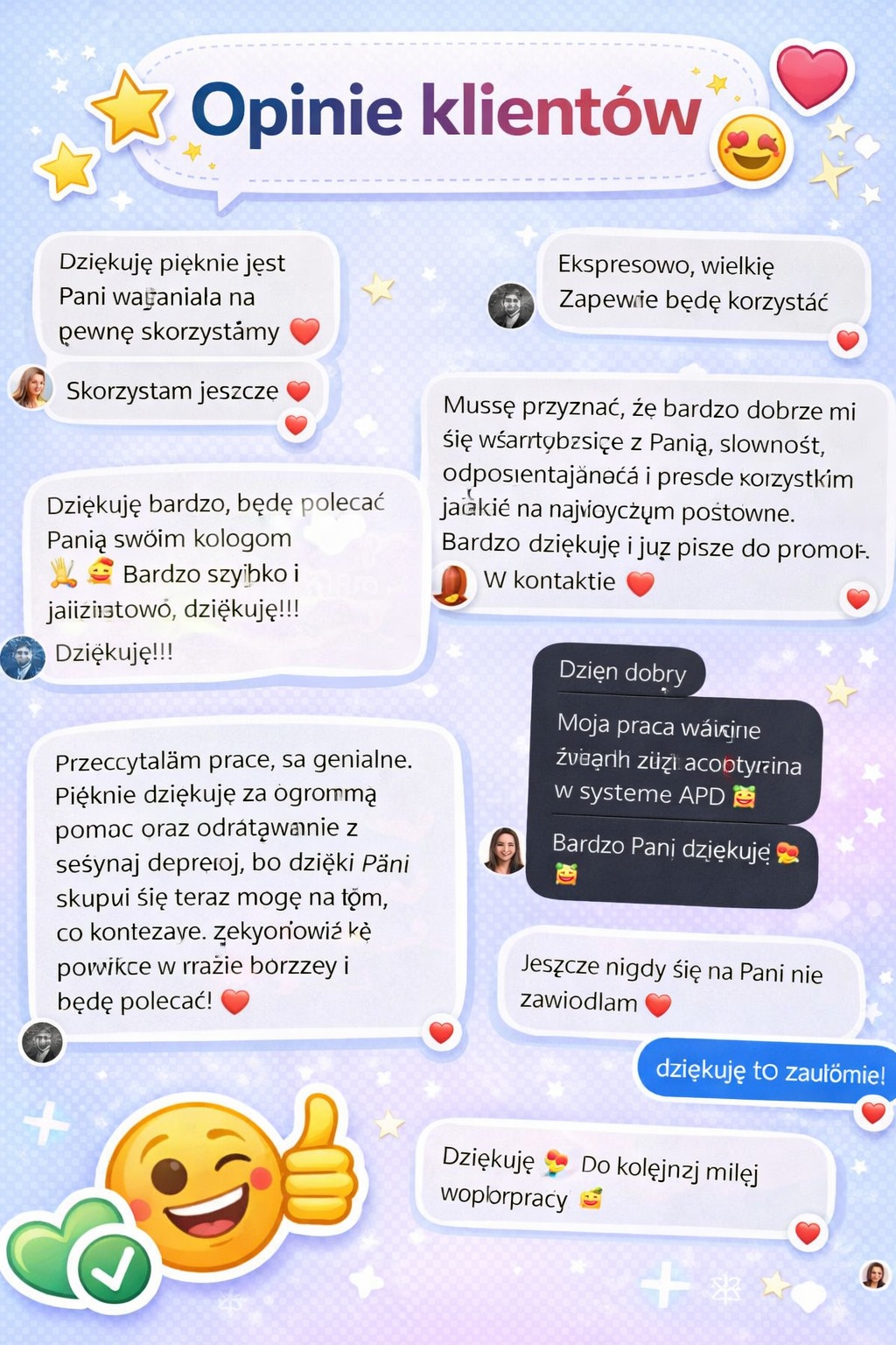 Zrzut ekranu z pozytywnymi opiniami klientów w formie czatu, z emotikonami i gwiazdkami, na jasnoniebieskim tle. Teksty w języku polskim.