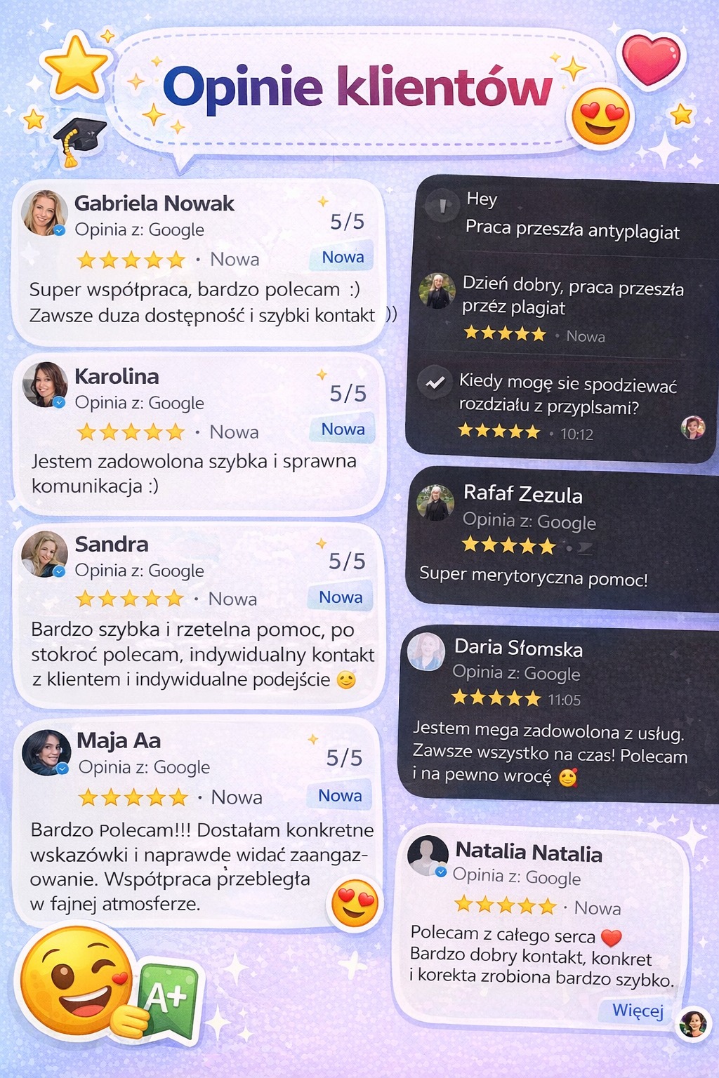 Zbiór pozytywnych opinii klientów z Google, prezentowanych w formie graficznej z gwiazdkami, ocenami 5/5 i emotikonami, na tle z motywem gwiazd i serc.