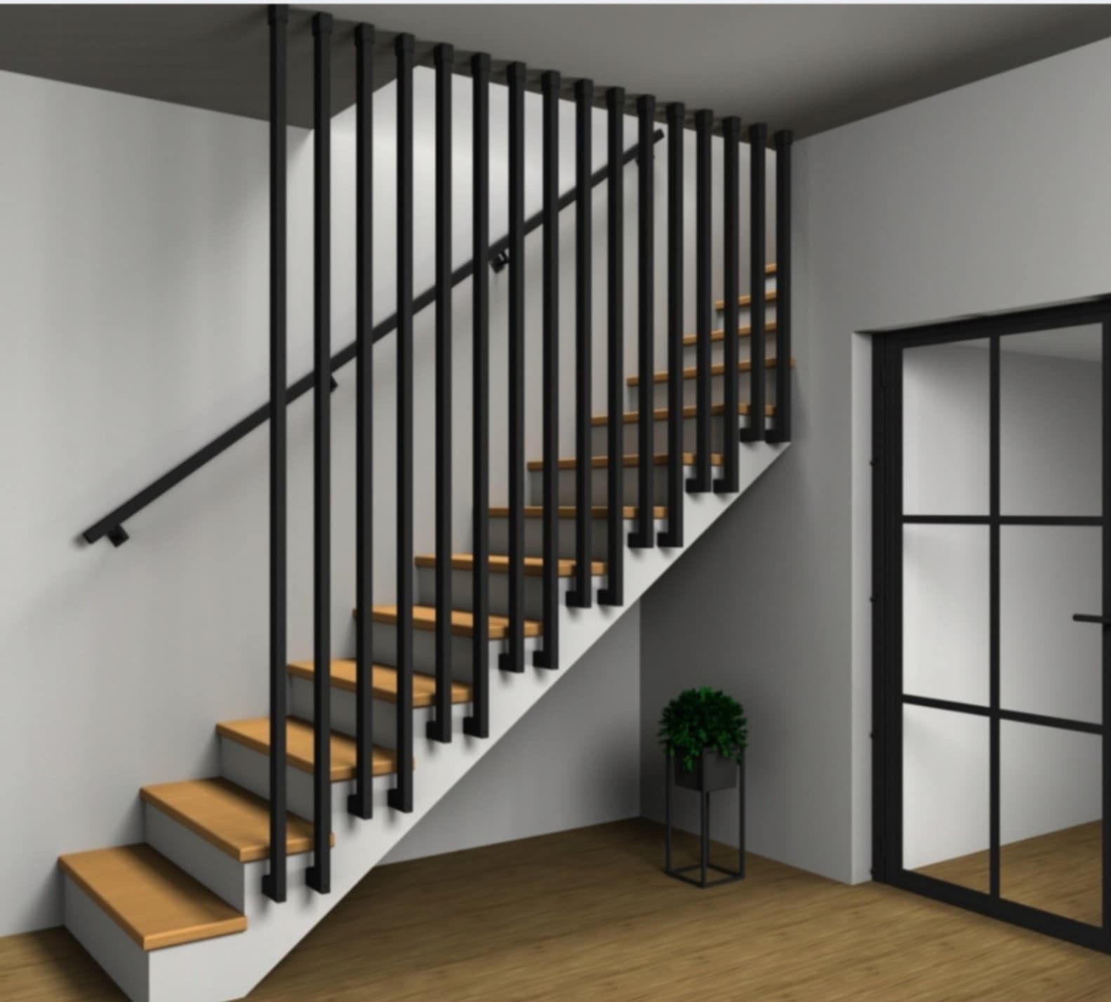 Nowoczesne schody z drewnianymi stopniami i czarną, minimalistyczną balustradą. W tle widoczna czarna rama drzwi i zielona roślina w metalowej donicy.