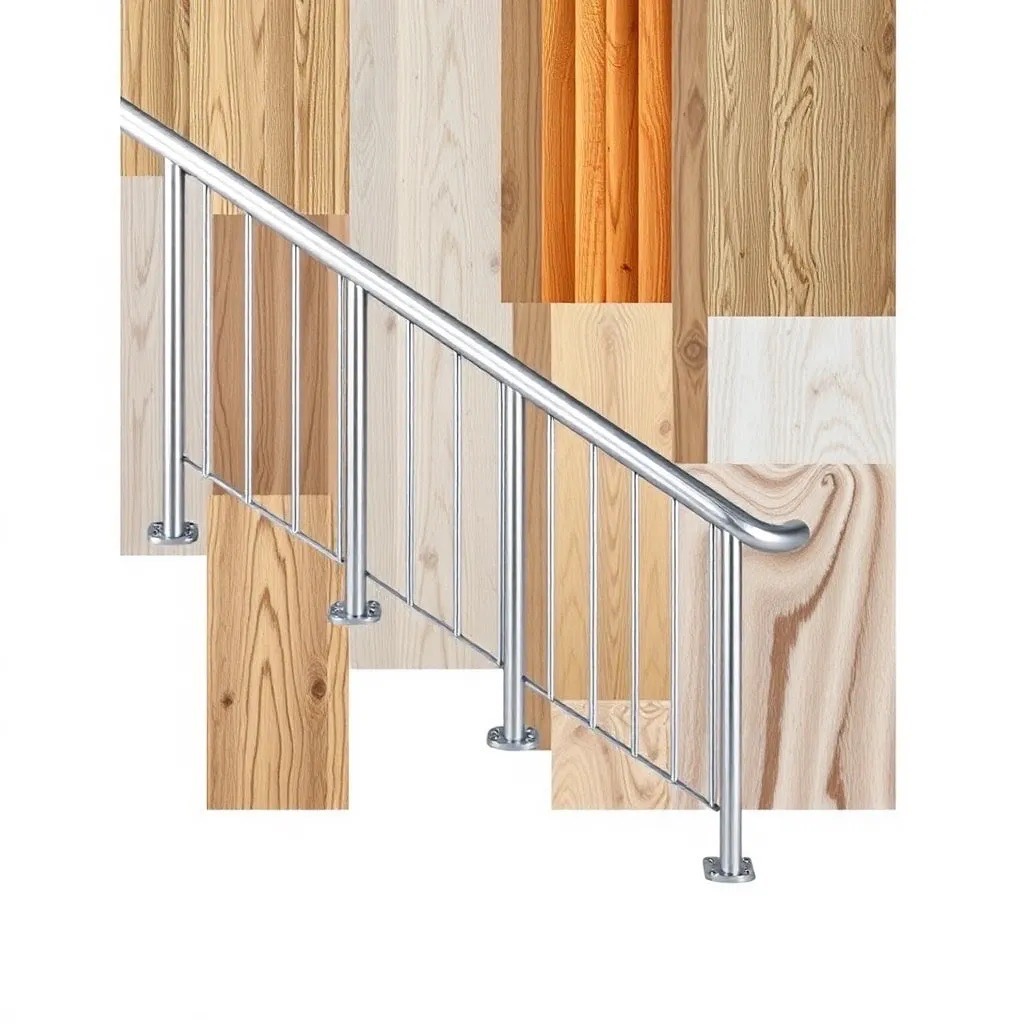 Metalowa poręcz schodowa z pionowymi prętami, zamocowana do drewnianych stopni. Srebrny połysk, minimalistyczny design. Widok z dołu na schody.
