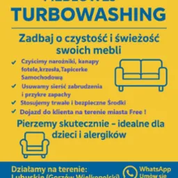 Żółty baner reklamowy z niebieskimi napisami 'Profesjonalne pranie tapicerki meblowej Turbowashing' i ikonami mebli. Kontakt: 732 804 642.