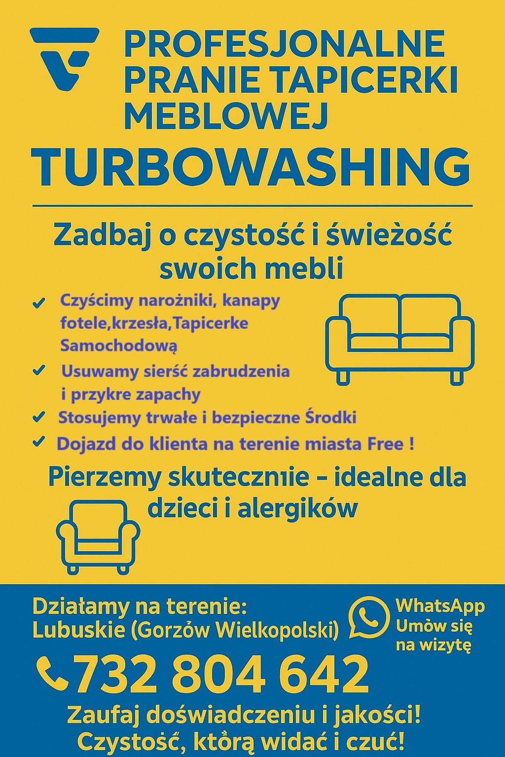 Żółty baner reklamowy z niebieskimi napisami 'Profesjonalne pranie tapicerki meblowej Turbowashing' i ikonami mebli. Kontakt: 732 804 642.