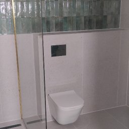 Katarzyna - Nowoczesna łazienka z kabiną prysznicową ze złotymi detalami, wiszącą toaletą i zielonymi, błyszczącymi płytkami na ścianie. Minimalistyczny design.