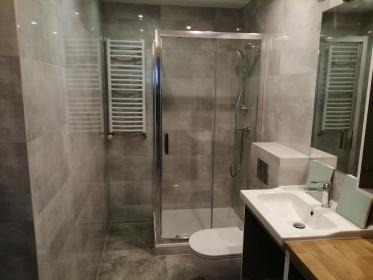 Nowoczesna łazienka w szarościach: kabina prysznicowa ze szklanymi drzwiami, umywalka nablatowa i grzejnik drabinkowy. Minimalistyczny design z lustrem i oświetleniem punktowym.