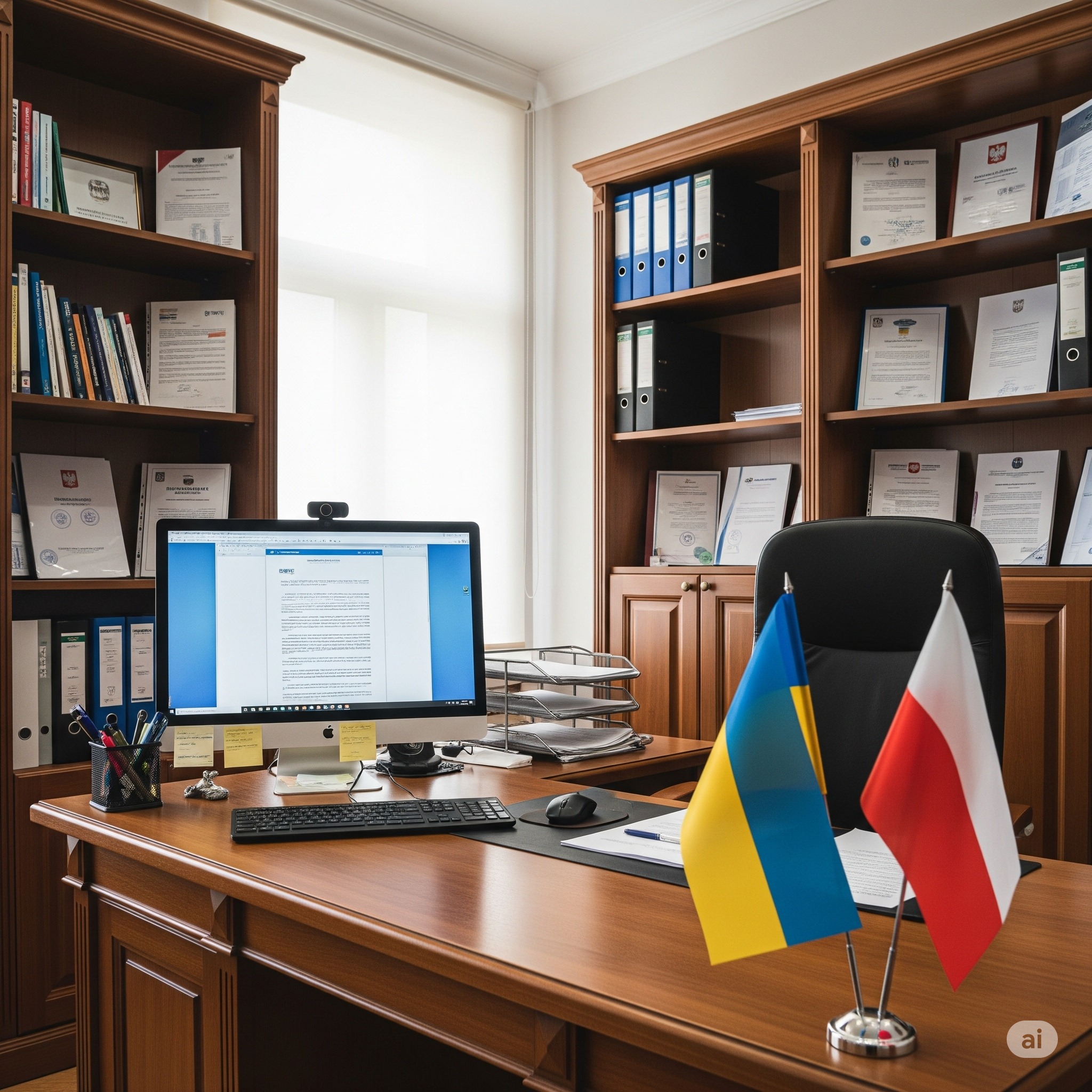 Biuro tłumaczeń: biurko z komputerem, flagi Polski i Ukrainy, regały z certyfikatami i dokumentami. Profesjonalne otoczenie pracy tłumacza.