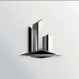 Elegancki, minimalistyczny logotyp przedstawiający abstrakcyjny budynek w odcieniach szarości, z wyraźnym efektem 3D i subtelnym cieniem na białym tle.