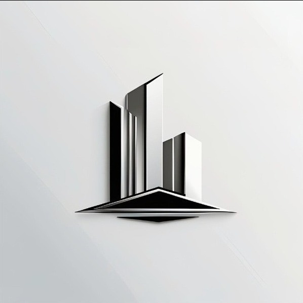Elegancki, minimalistyczny logotyp przedstawiający abstrakcyjny budynek w odcieniach szarości, z wyraźnym efektem 3D i subtelnym cieniem na białym tle.