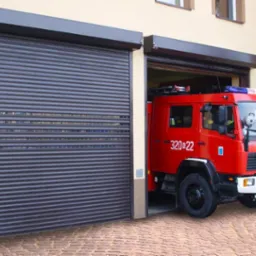 Ciemna brama garażowa segmentowa z poziomymi przetłoczeniami na tle budynku straży pożarnej, z wjazdu wyjeżdża czerwony wóz strażacki.