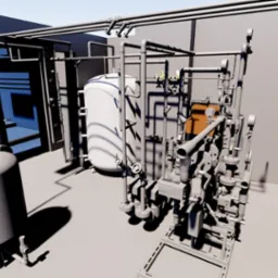 Model 3D instalacji sanitarnych z widocznymi rurami, zbiornikami i armaturą w szarym pomieszczeniu. Projekt inżynieryjny z logo firmy w prawym dolnym rogu.
