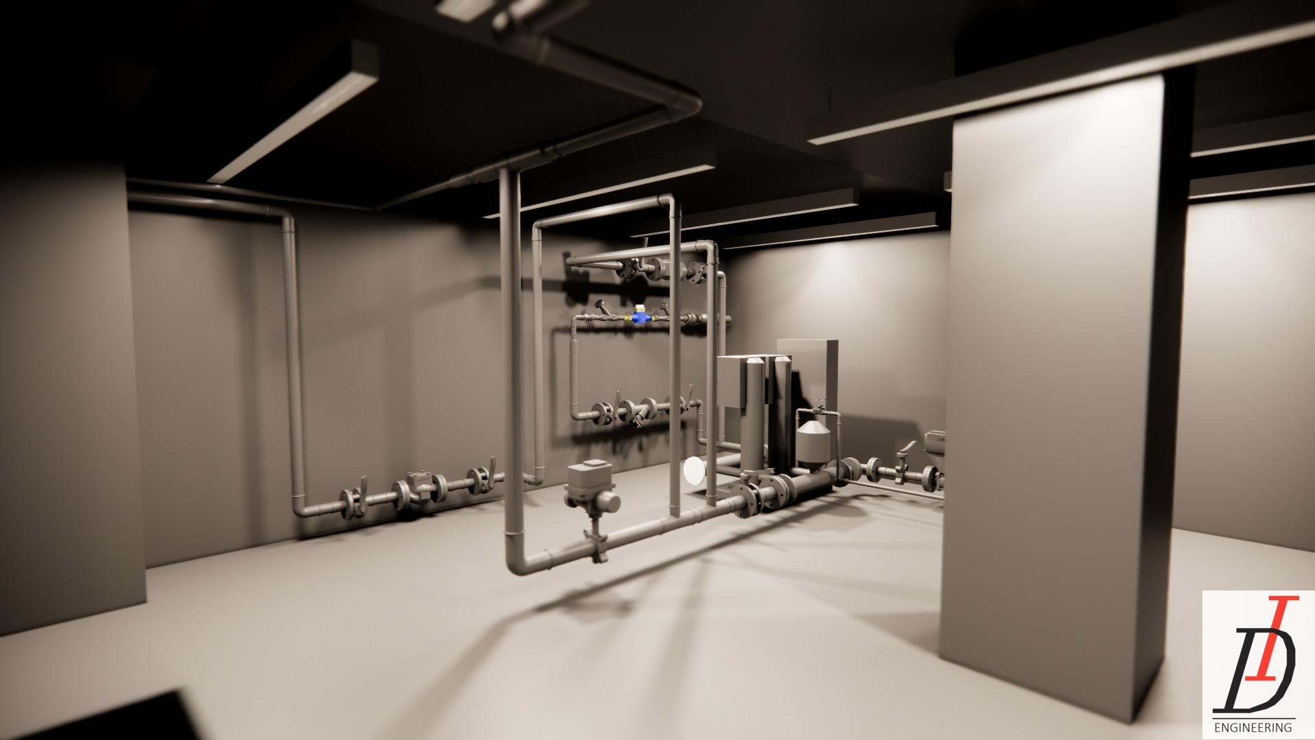 Szary model 3D instalacji sanitarnych z rurami, zaworami i urządzeniami, widoczny w słabo oświetlonym pomieszczeniu o minimalistycznym wystroju. Logo firmy w prawym dolnym rogu.