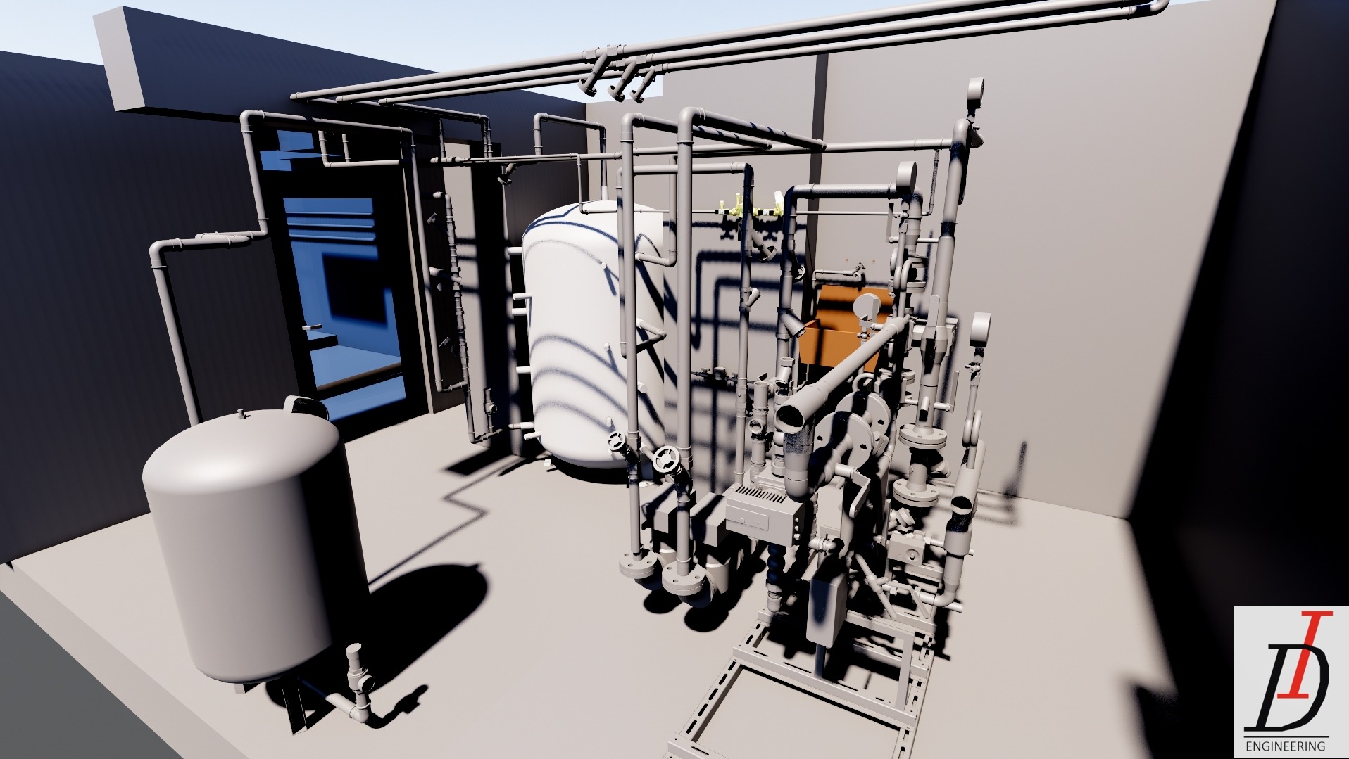 Model 3D instalacji sanitarnych z widocznymi rurami, zbiornikami i armaturą w szarym pomieszczeniu. Projekt inżynieryjny z logo firmy w prawym dolnym rogu.