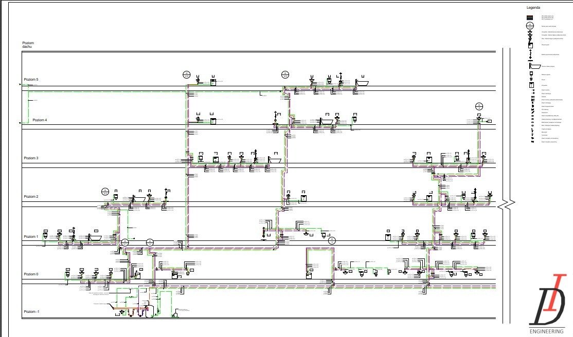 Schemat/rozwinięcie sieci wody użytkowej wykonany w programie revit