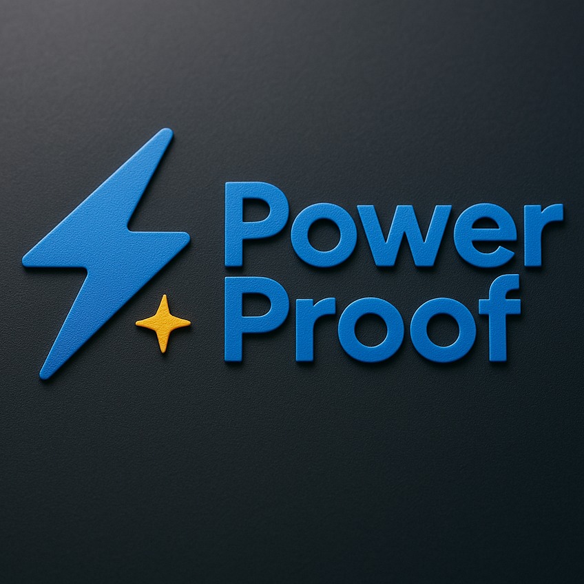 Logo firmy PowerProof: niebieski piorun i gwiazda obok nazwy. Tekst i grafika są w odcieniach niebieskiego i żółtego, umieszczone na ciemnoszarym tle.