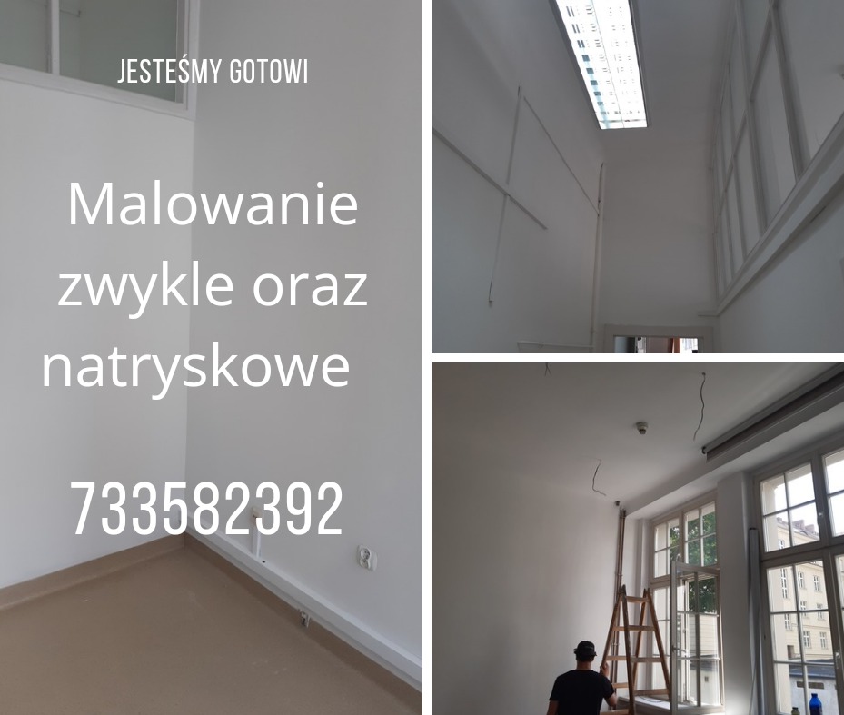 Wnętrze po malowaniu natryskowym: białe ściany, drabina przy oknie, widoczny fragment sufitu z lampą. Ujęcie z perspektywy osoby stojącej w pomieszczeniu.