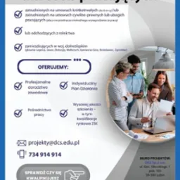 Plakat informacyjny o szkoleniach dla osób pracujących z Dolnego Śląska. Oferta obejmuje doradztwo, plan działania i pośrednictwo pracy. Kontakt i logo firmy.