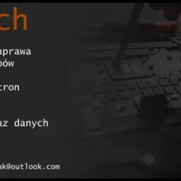 Reklama rmxTech: diagnostyka i naprawa komputerów, projektowanie stron i baz danych. Widoczna płyta główna laptopa podczas naprawy.