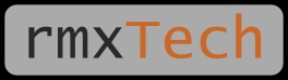 Szare logo 'rmxTech' z pomarańczowym 'Tech' na zaokrąglonym tle. Minimalistyczny design, nowoczesna typografia, kontrastowe kolory.