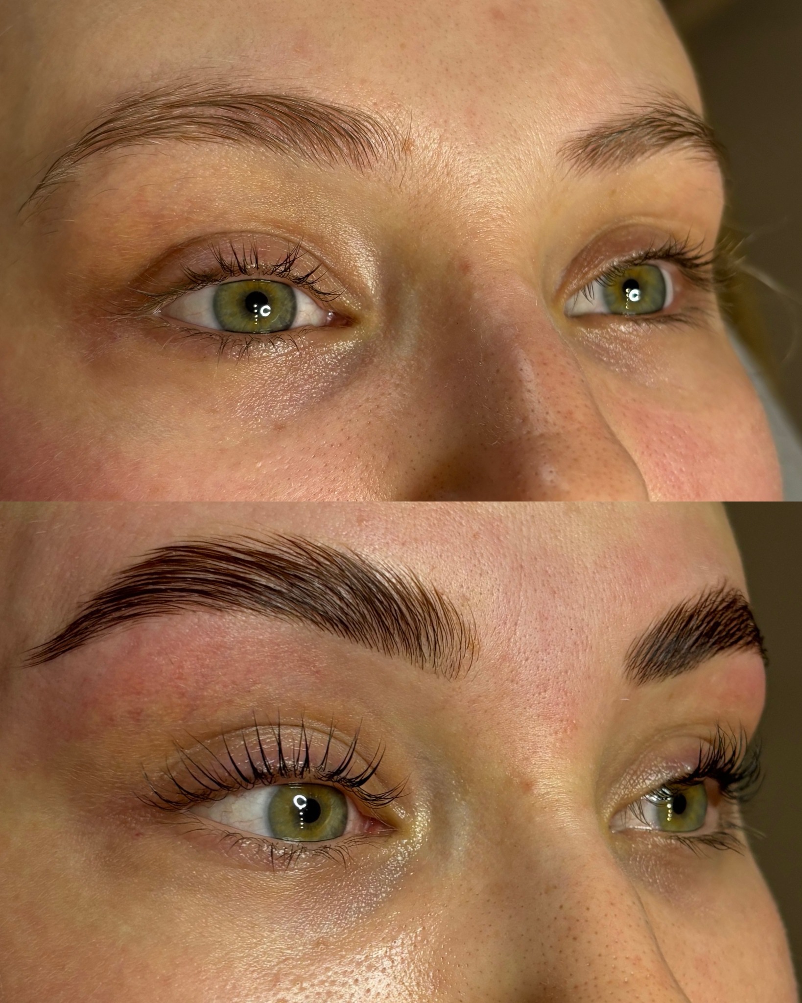 Laminacja brwi i lifting rzęs: efekt 'przed' (naturalne brwi) i 'po' (wystylizowane, błyszczące brwi i podkręcone rzęsy) na zbliżeniu twarzy.
