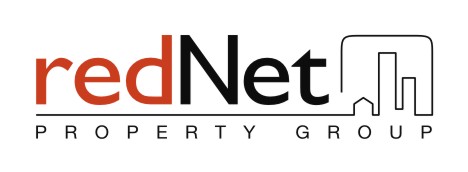Logo firmy RedNet Property Group z elementem graficznym przedstawiającym zarys budynków.