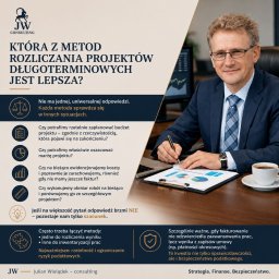Julian Wielądek - consulting - Uśmiechnięty konsultant w okularach i garniturze, siedzący przy biurku z laptopem i dokumentami, pisze długopisem, obok filiżanka kawy. Tło to grafika z pytaniami o rozliczanie projektów.