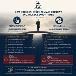Julian Wielądek - consulting - Prezentacja JW Consulting: 'Dwa procesy, które szkodzą firmie', z grafiką biznesmena na moście nad przepaścią, ilustrująca wyzwania restrukturyzacji i konsolidacji.