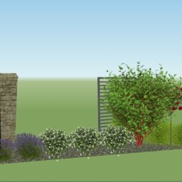 Wizualizacja nr 2 - fragment zieleni reprezentacyjnej przed wejściem do domu 