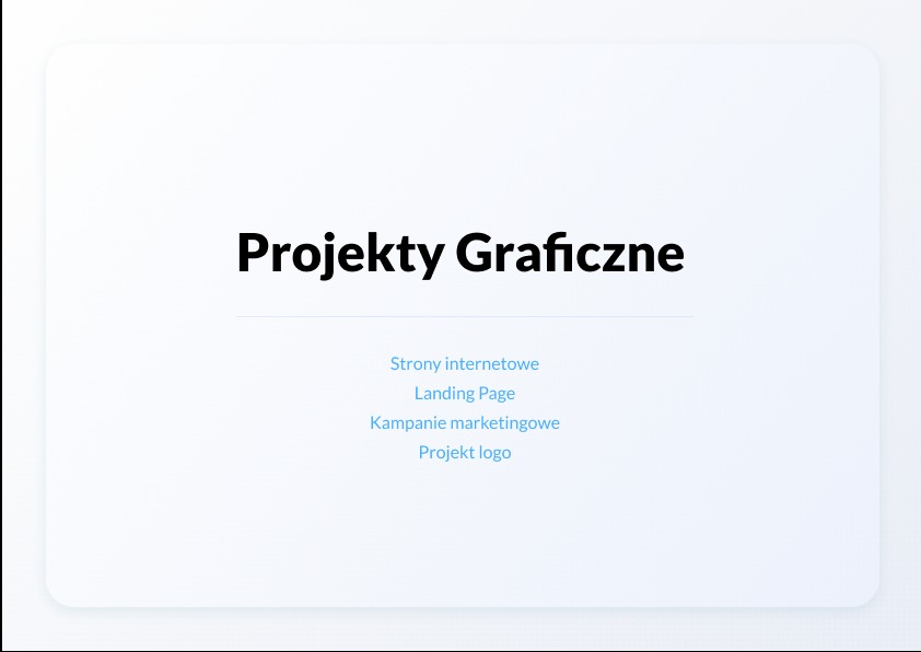 Grafika prezentująca ofertę projektów graficznych: strony internetowe, landing page, kampanie marketingowe i projekty logo na białym tle z zaokrąglonymi rogami.