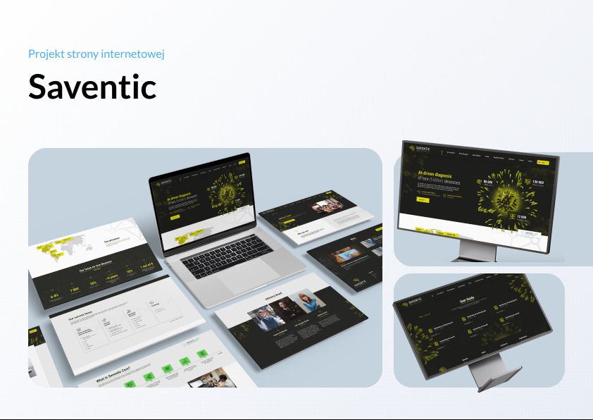 Projekt strony internetowej 'Saventic' prezentowany na laptopie i monitorze. Układ mockupów strony, ciemna kolorystyka, nowoczesny design. Wizualizacja projektu.