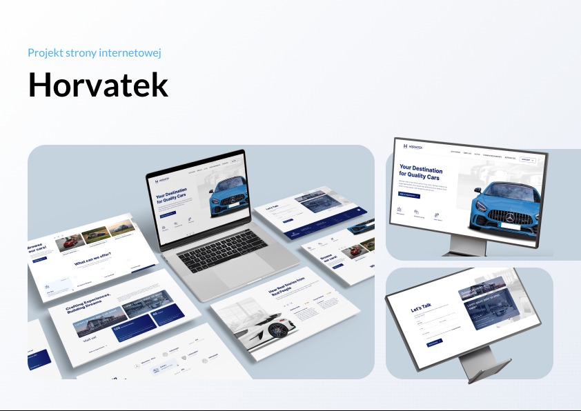 Projekt strony internetowej Horvatek prezentowany na laptopie i monitorach. Minimalistyczny design z motywem samochodowym. Wizualizacja układu strony na różnych urządzeniach.